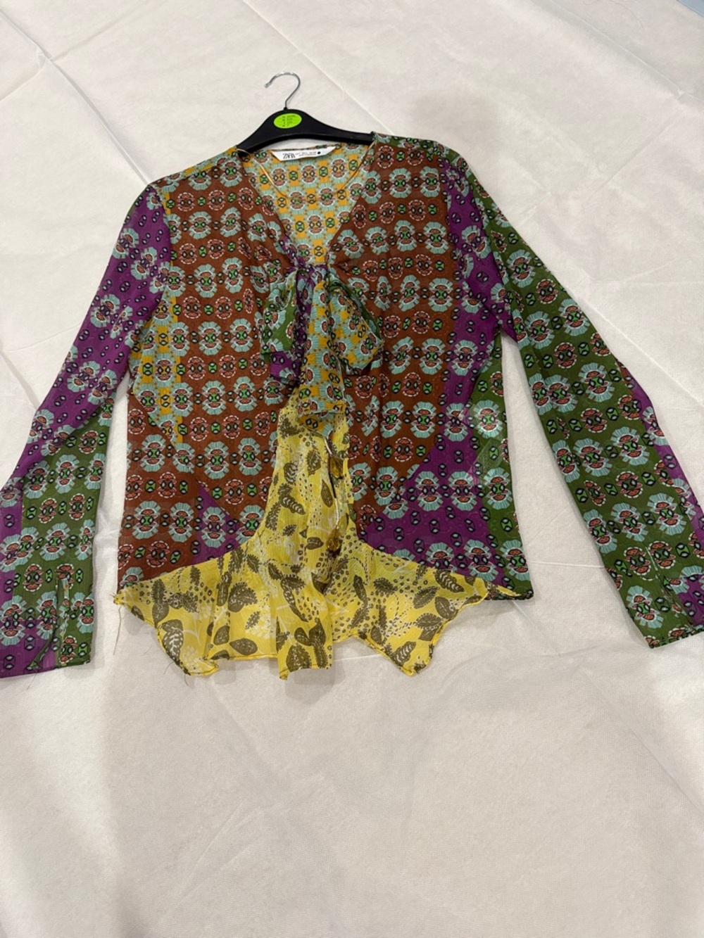 Zara Mixed-Print Tie-Neck Blouse in Purple, Green, Brown & Yellow